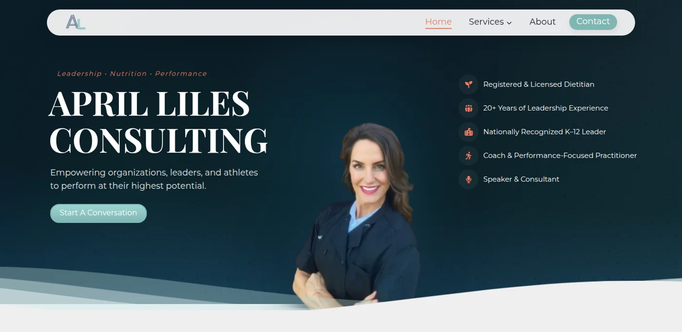 April Liles Consulting homepage, with a portrait and the line Leadership, Nutrition, Performance