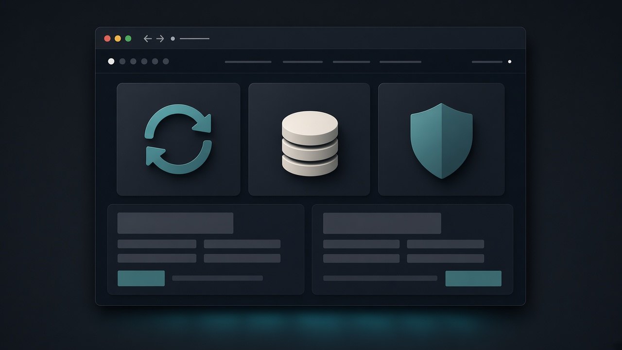 Website dashboard with update, backup, and security symbols